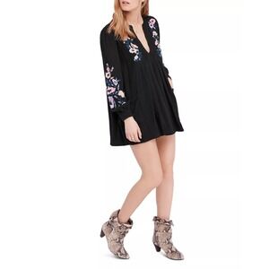 Free People Mia Embroidered Floral Mini Dress Long Sleeves V-Neck Boho Size M